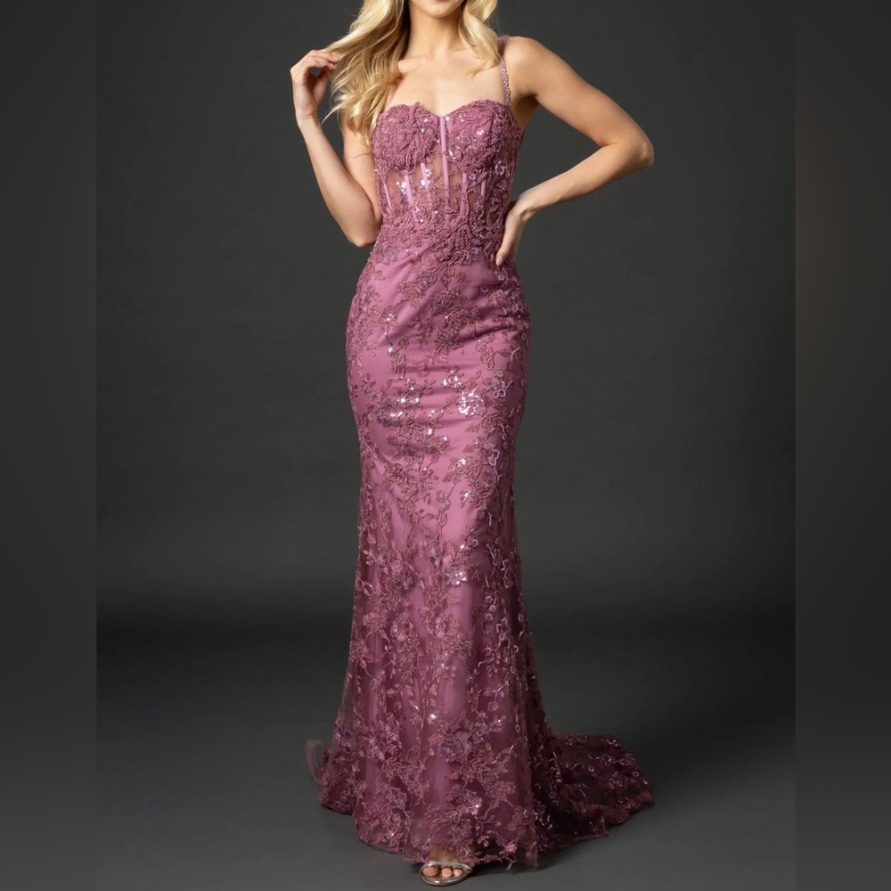 Nina Canacci 6556 Size 4 Mauve Sweetheart Corset Style Open Back Long Dress NWT